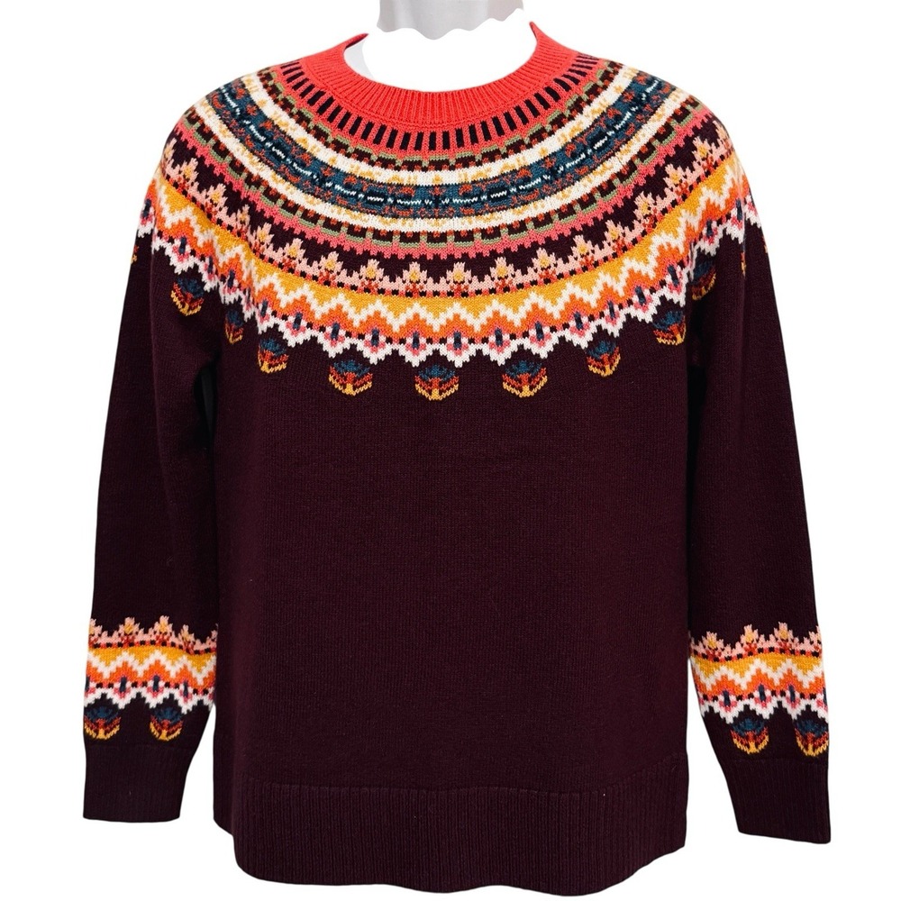 Talbots Fair Isle Women Sweater Tunic S Embroidered‎ Melon Brown Winter Soft NEW